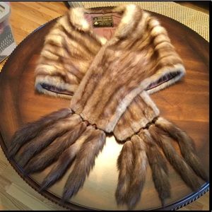 Vintage MINK Fur STOLE with TAILS, removable tails sable brown mink SML